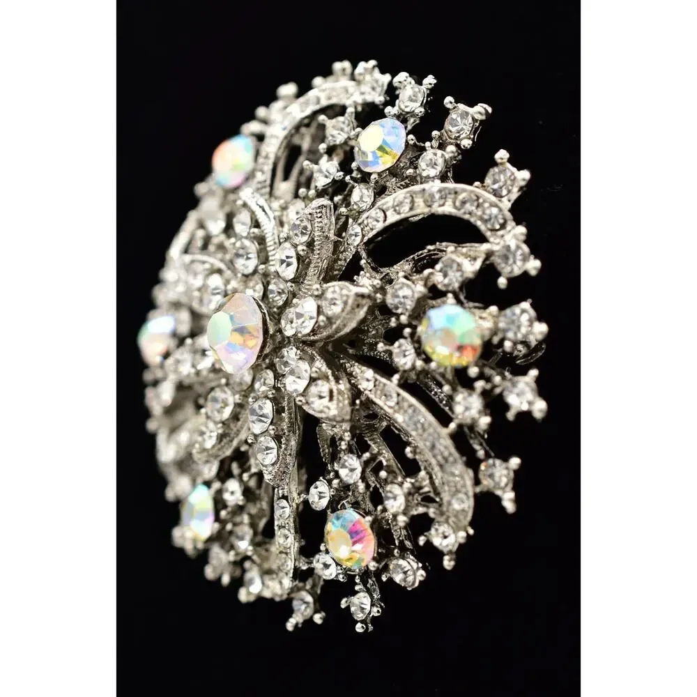 Vintage AB Aurora Borealis Rhinestone Flower Burst Brooch Pin Crystal Y2K A26
